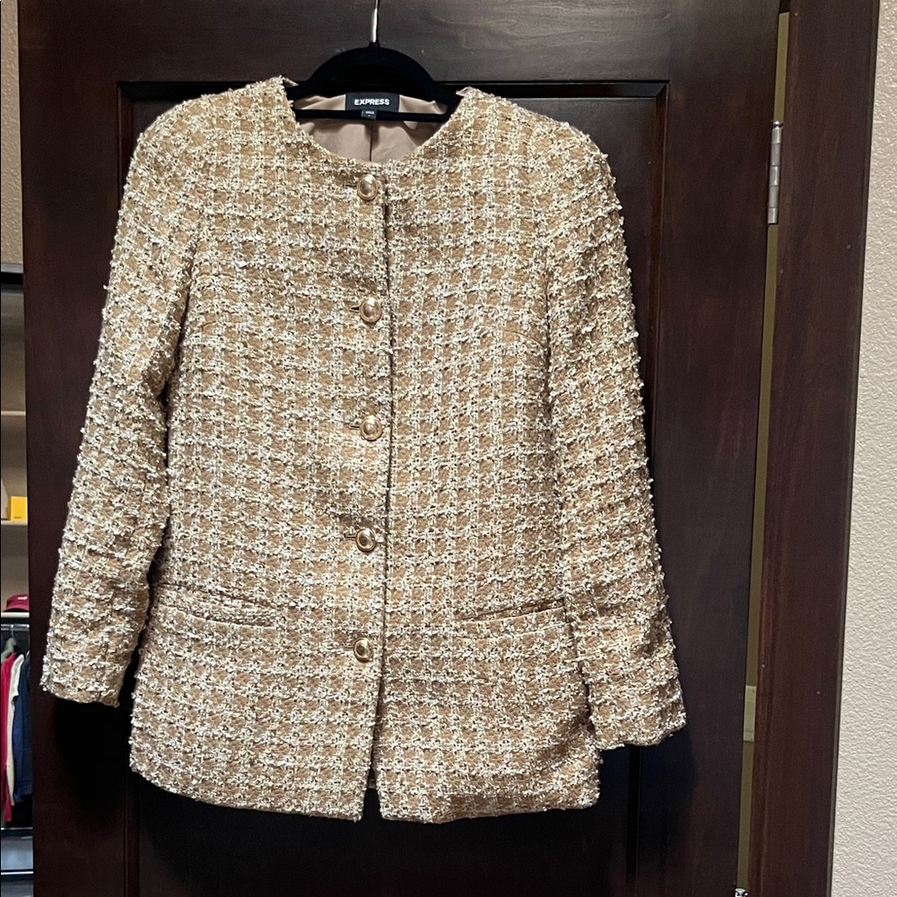 Express Beige Tweed Button-Front Jacket